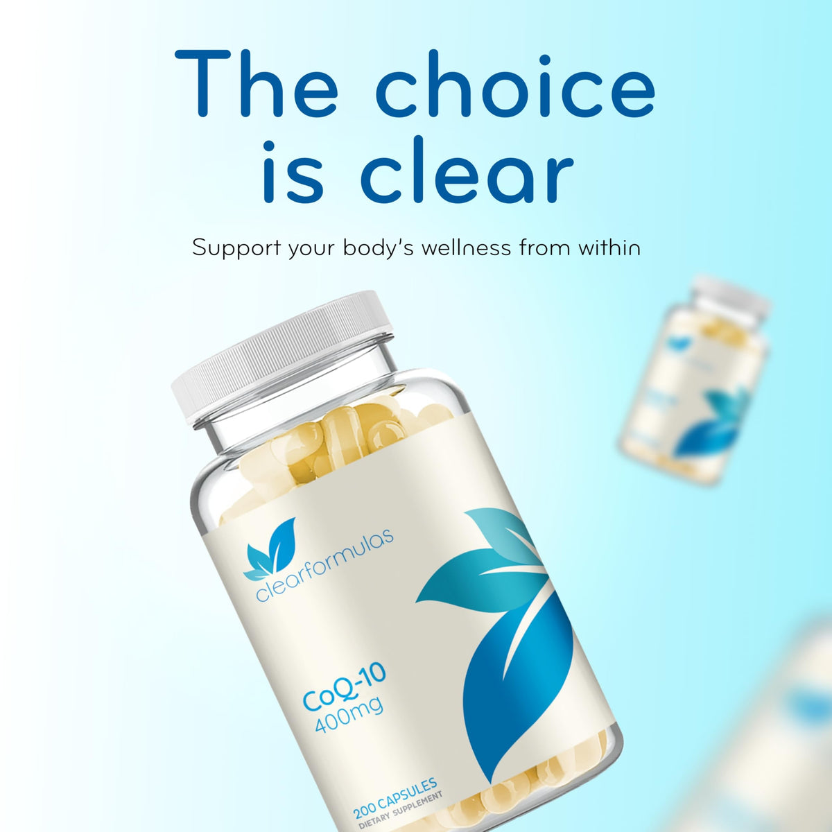 Flacon de Clear Formulas CoQ10 400mg sur un fond neutre