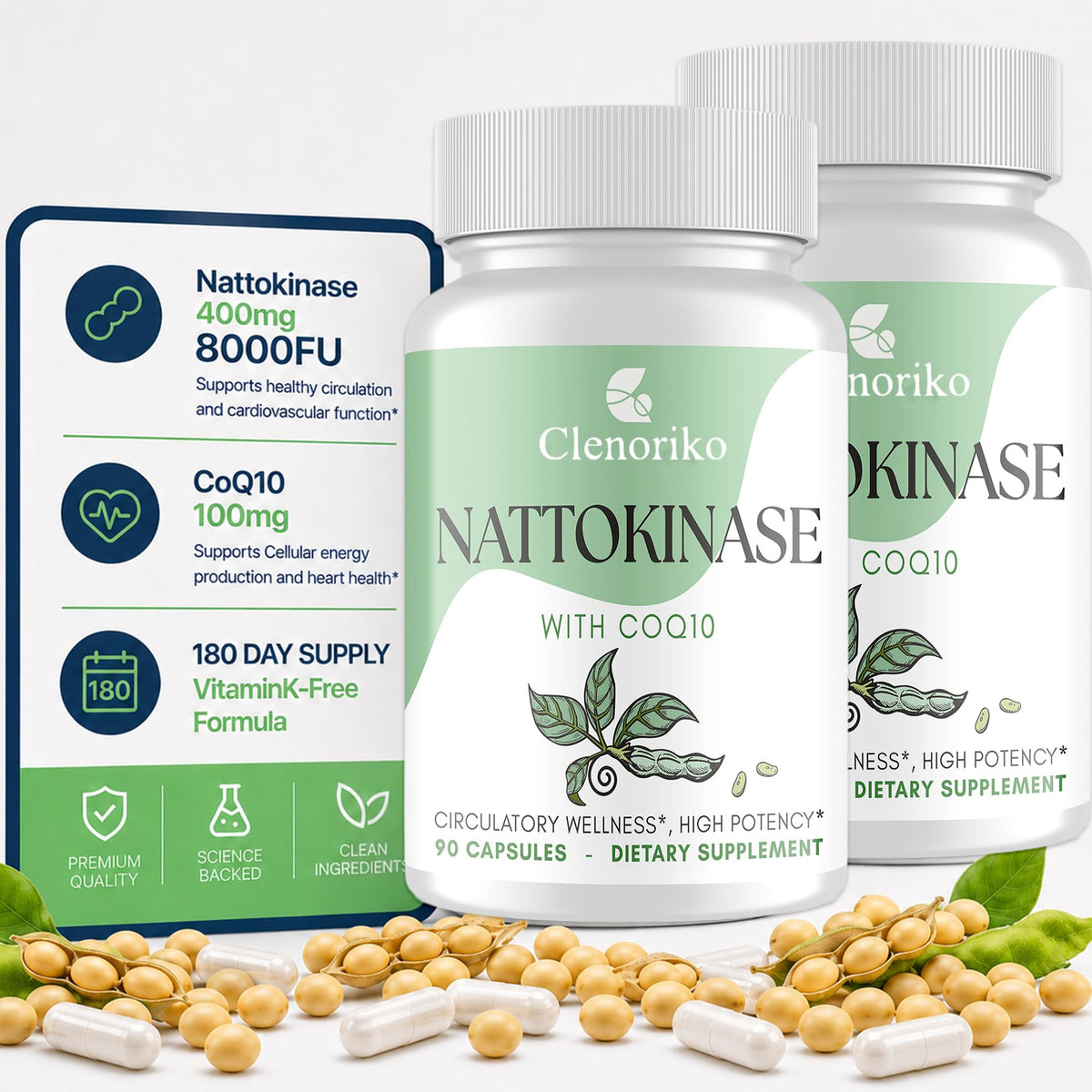 Flacon de Clenoriko Nattokinase 8000 FU 180 capsules vue de face