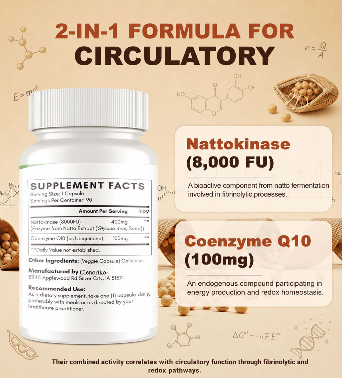 Flacon de Clenoriko Nattokinase 8000 FU avec étiquette