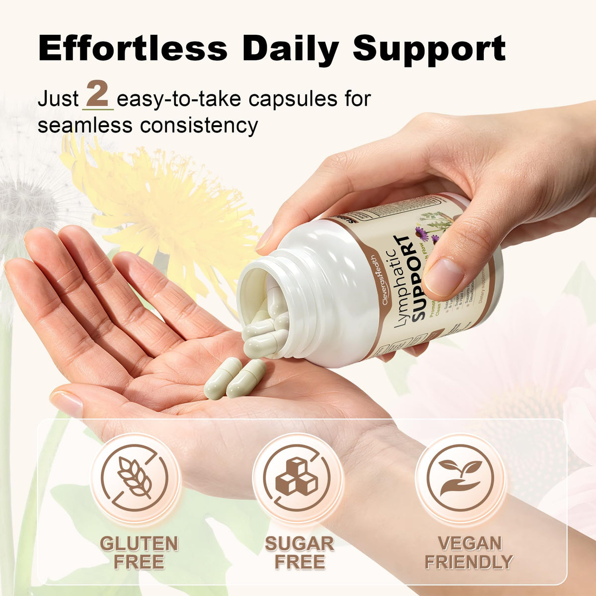 Flacon de CleverasHealth Drainage Lymphatique ouvert avec capsules visibles