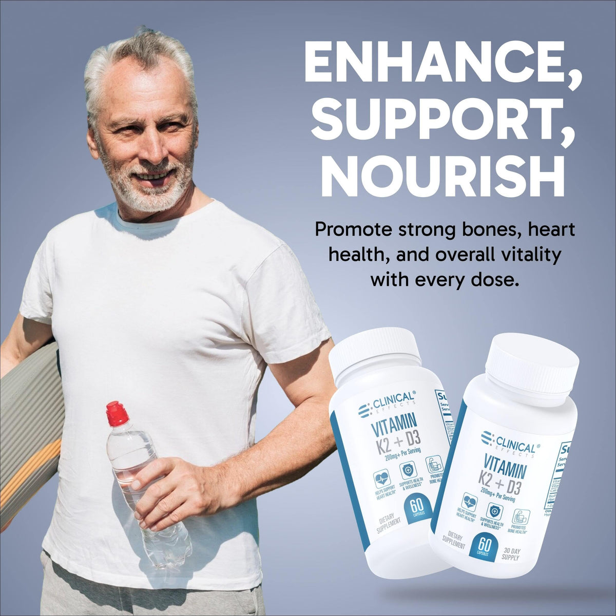 Flacon de Clinical Effects K2 + D3 avec étiquette et dosage