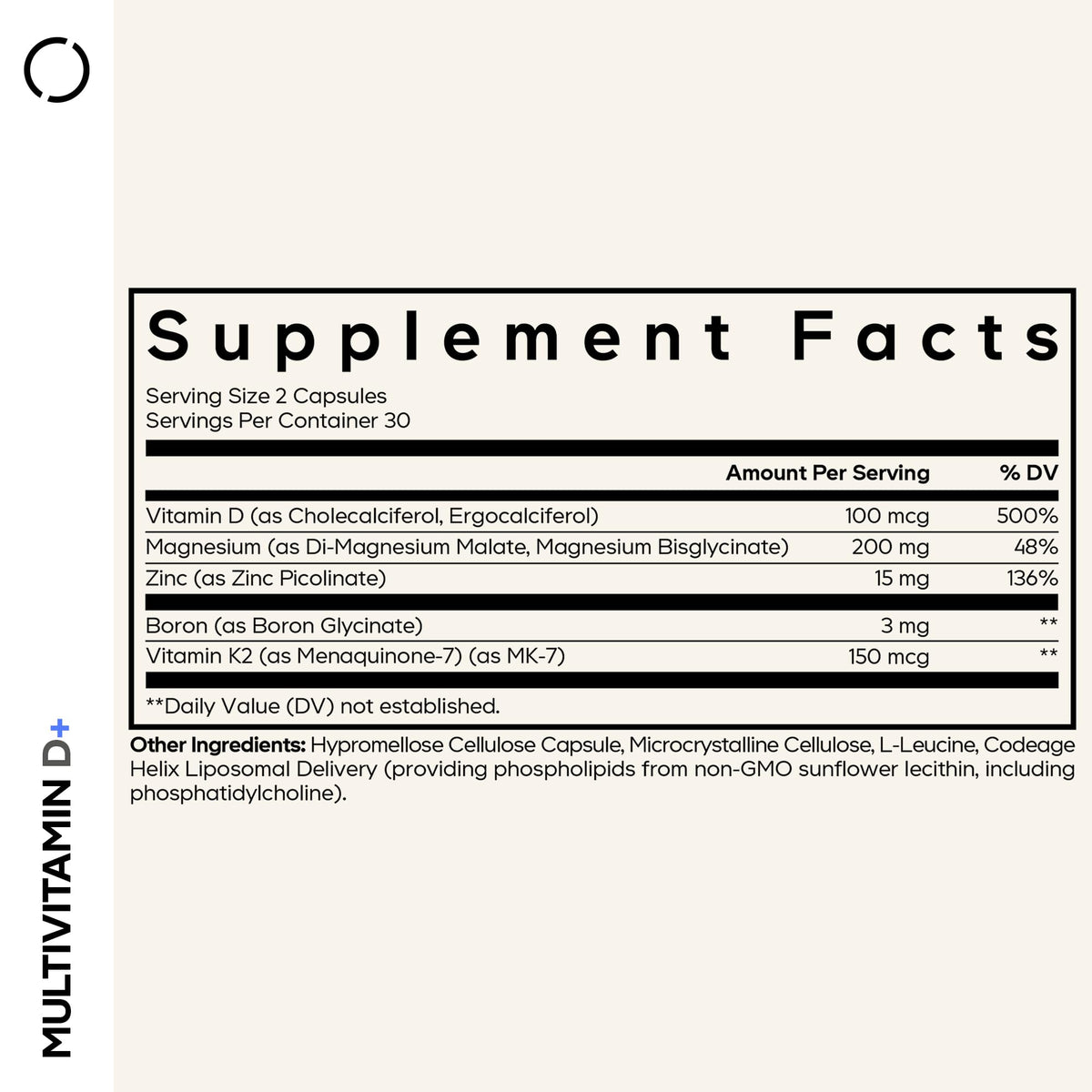 Flacon de Codeage Multivitamine D avec K2, étiquette et contenu