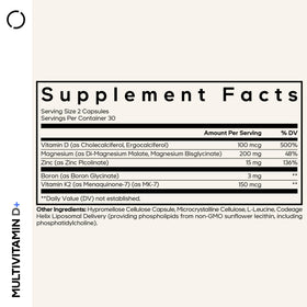 Flacon de Codeage Multivitamine D avec K2, étiquette et contenu