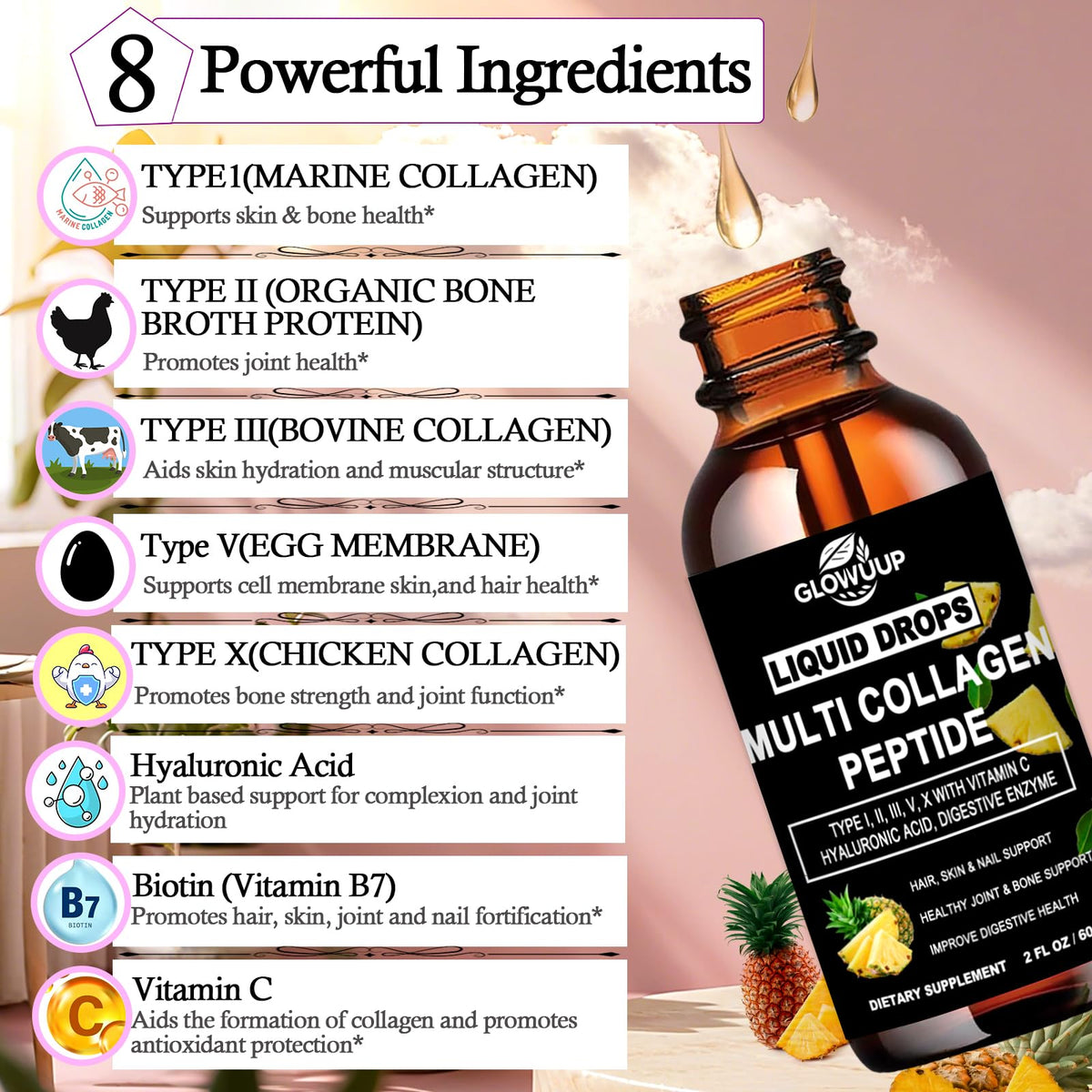 Flacon de collagène liquide GLOVVUUP avec étiquette et bouchon
