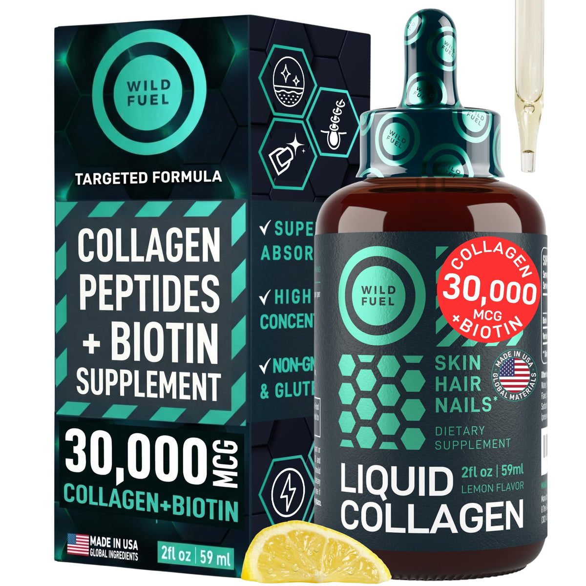 Flacon de collagène liquide WILD FUEL 30 000 mcg avec bouchon compte-gouttes