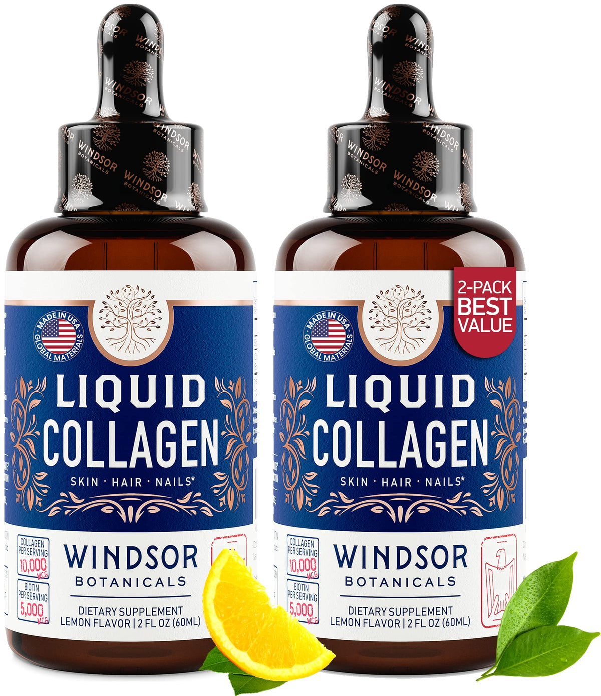 Flacon de collagène liquide WINDSOR BOTANICALS 30 000 mcg vue de face