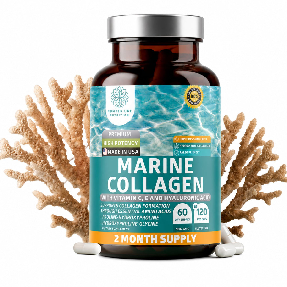 Flacon de collagène marin hydrolysé Number One Nutrition 120 capsules végétales