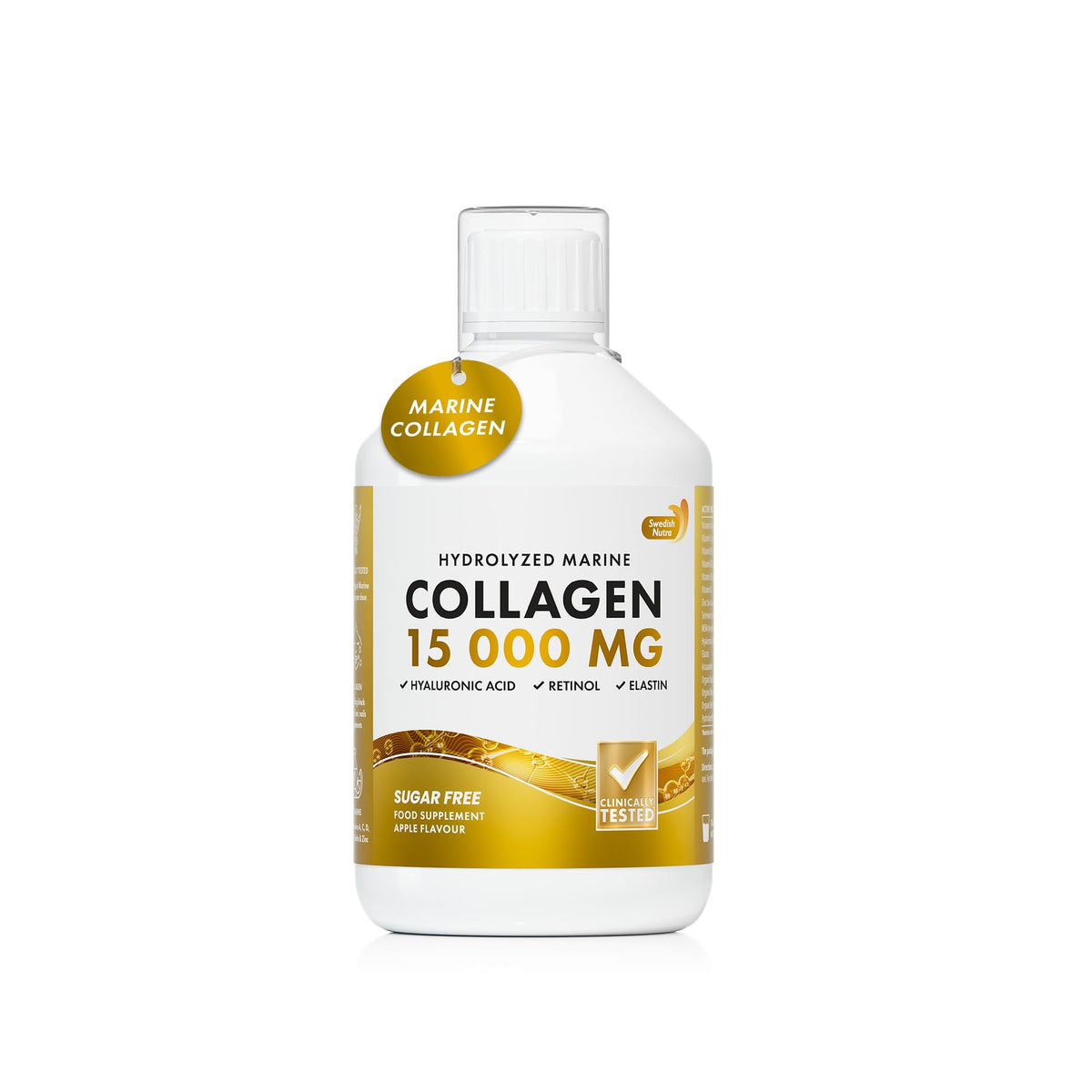 Flacon de collagène marin liquide Swedish Nutra 500 ml avec étiquette visible