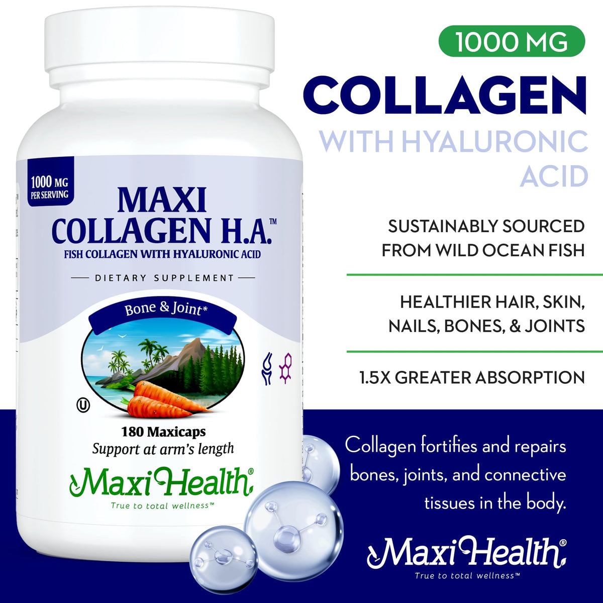 Flacon de collagène marin Maxi Health avec acide hyaluronique 180 capsules