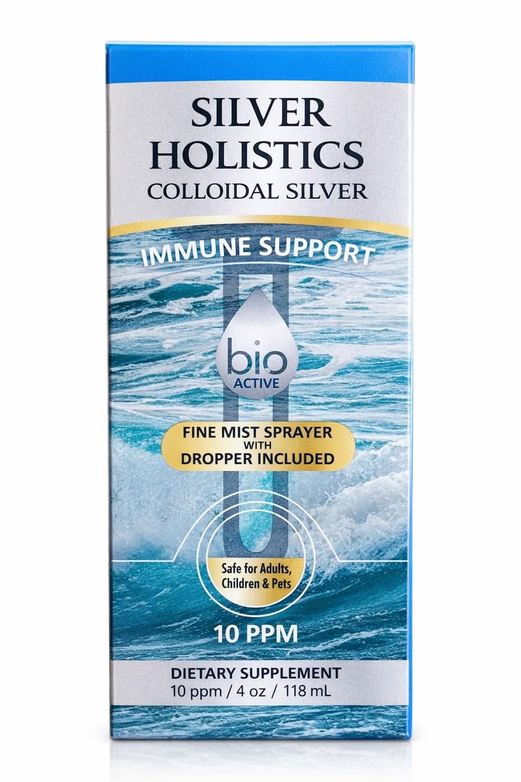 Flacon de Colloidal Silver sur fond blanc