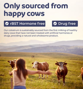 Flacon de colostrum bovin Healths Harmony avec étiquette bien visible