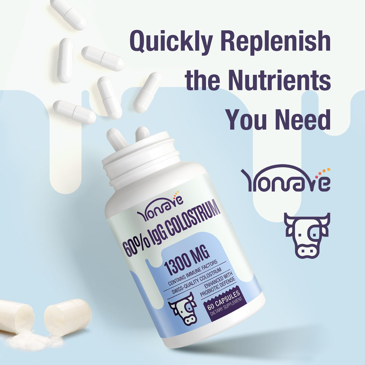 Flacon de colostrum bovin Yonrave avec étiquette visible