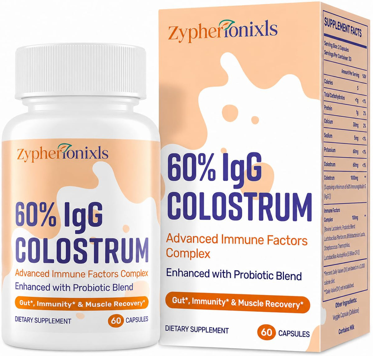 Flacon de colostrum bovin Zypherionixls 1300mg avec 60 capsules
