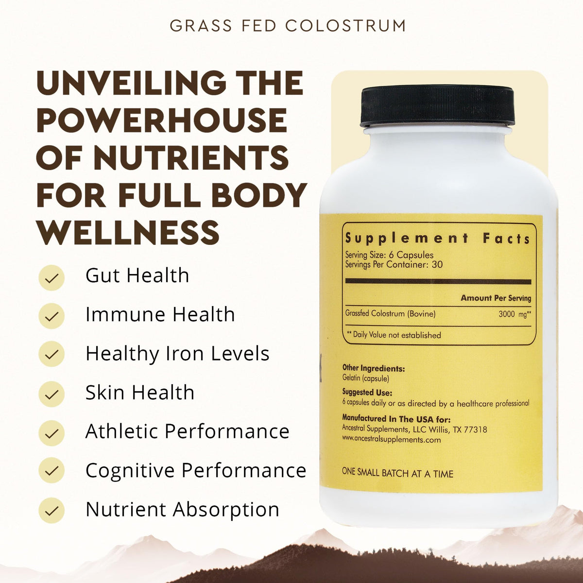 Flacon de colostrum de bœuf Ancestral Supplements 3000mg avec étiquette