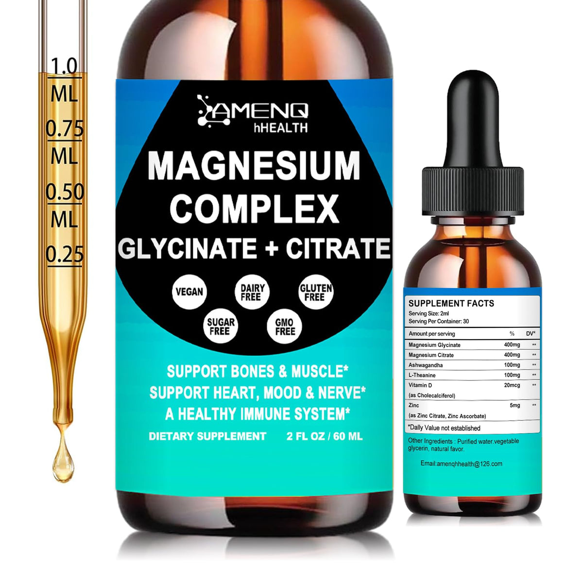 Flacon de complément alimentaire AMENQ hHEALTH Magnésium Complexe 800mg