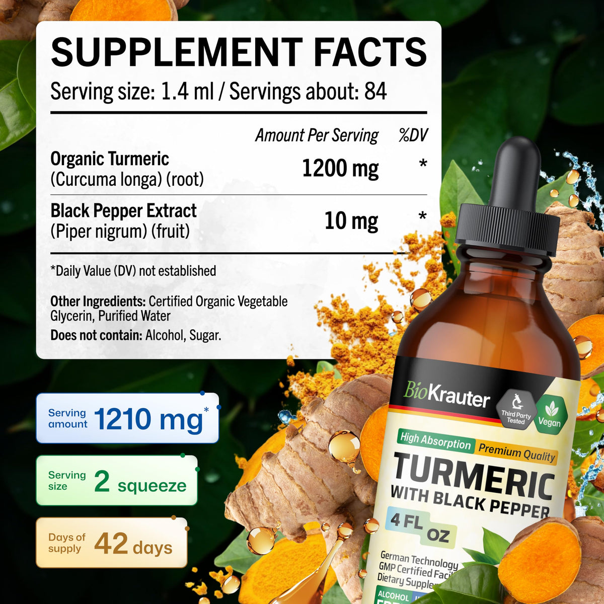 Flacon de complément alimentaire BIO KRAUTER Curcuma sur une table en bois