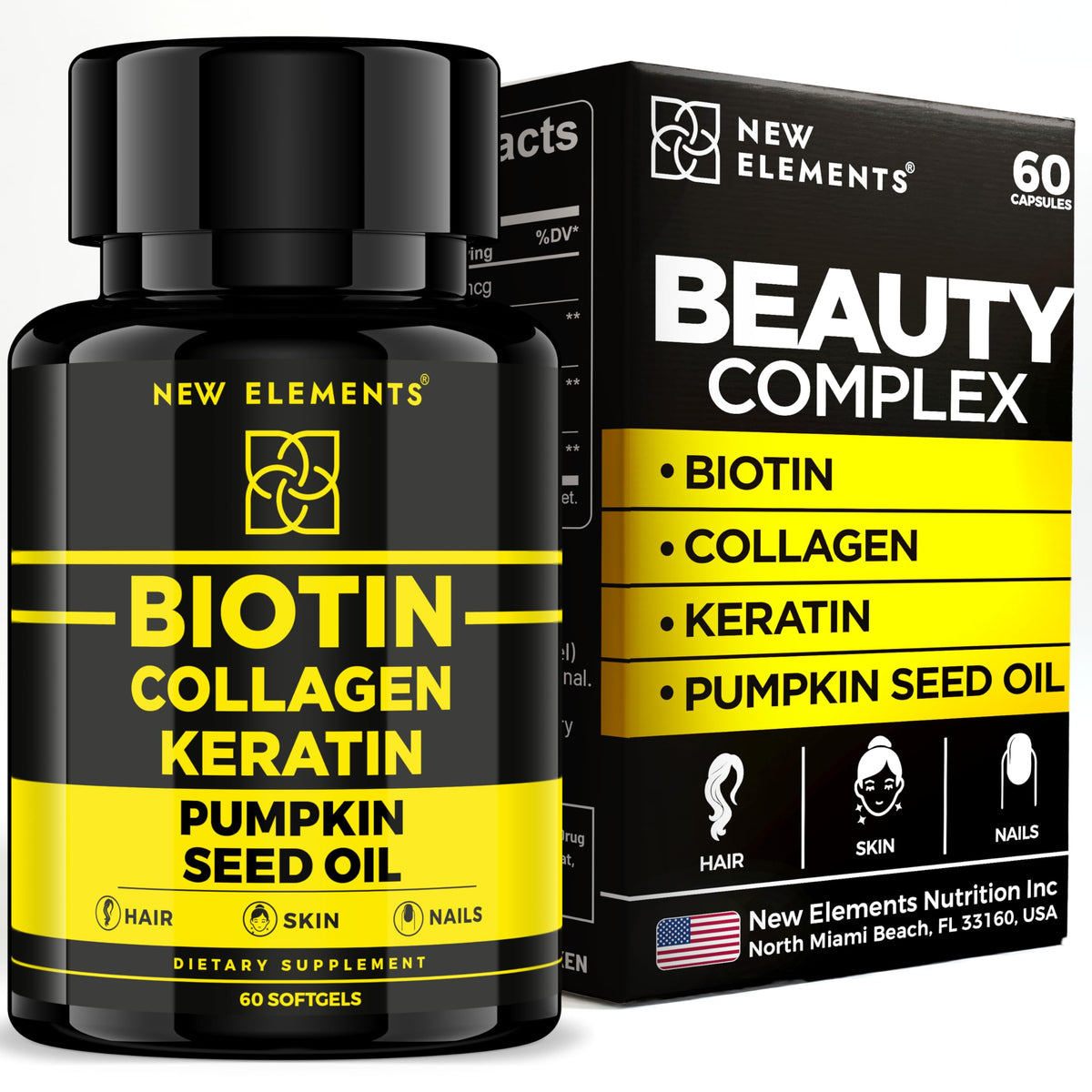 Flacon de complément alimentaire Biotine 10000 mcg avec Collagène de New Elements