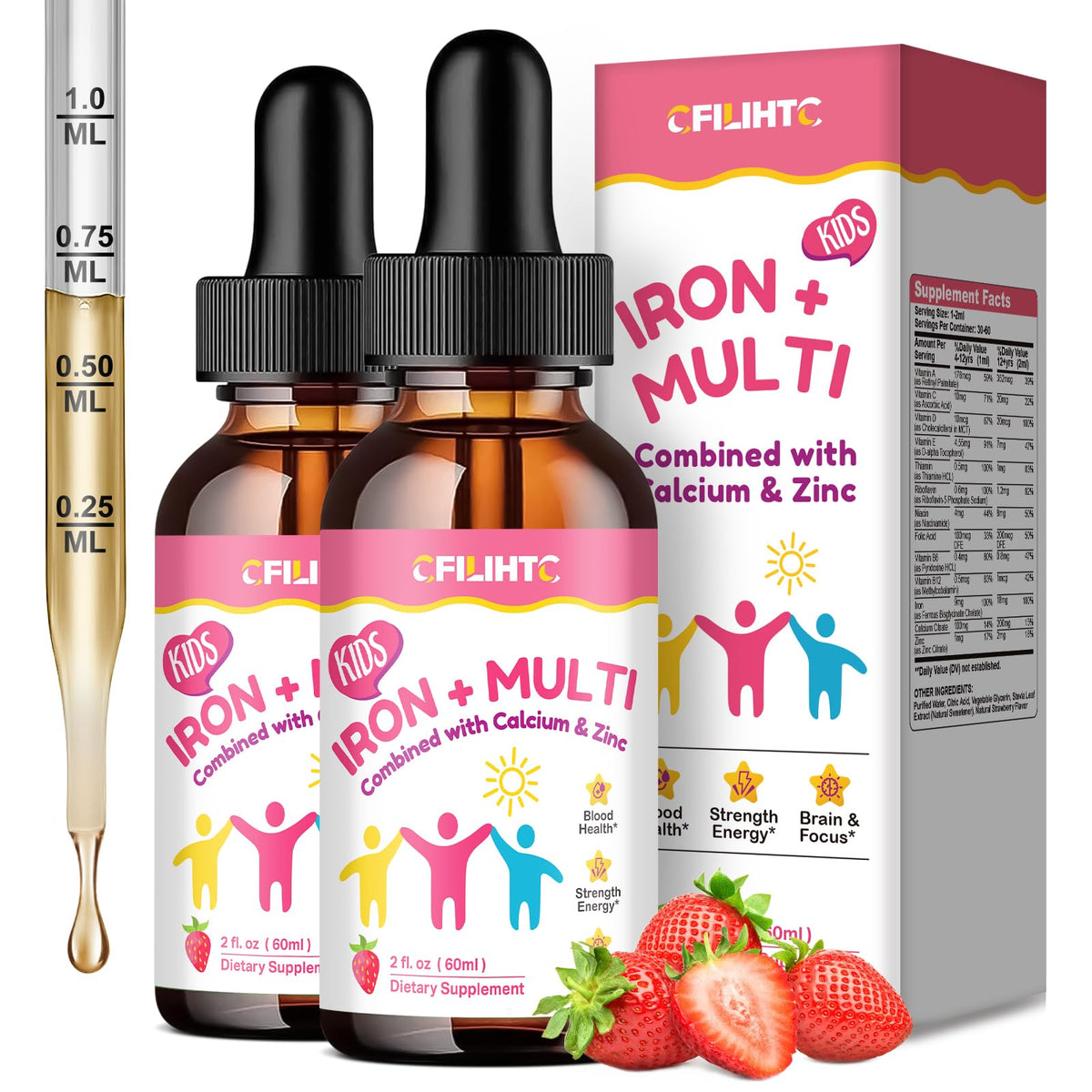 Flacon de complément alimentaire fer liquide CFILIHTC 4 oz saveur fraise