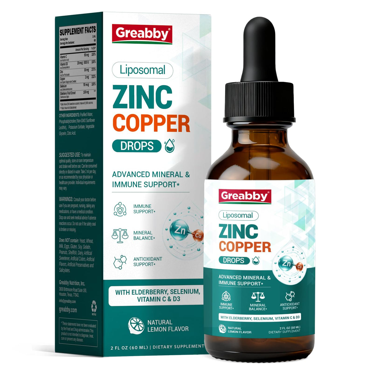 Flacon de complément alimentaire GREABBY Zinc Cuivre 60 doses