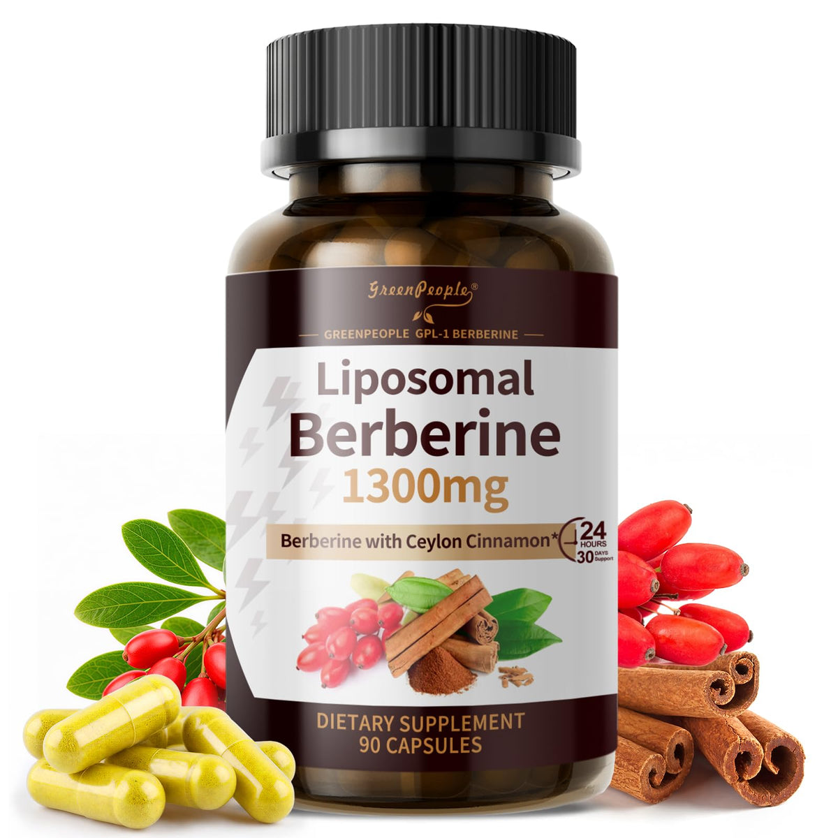 Flacon de complément alimentaire GREENPEOPLE Liposomal Berbérine 1300mg 90 capsules végétales