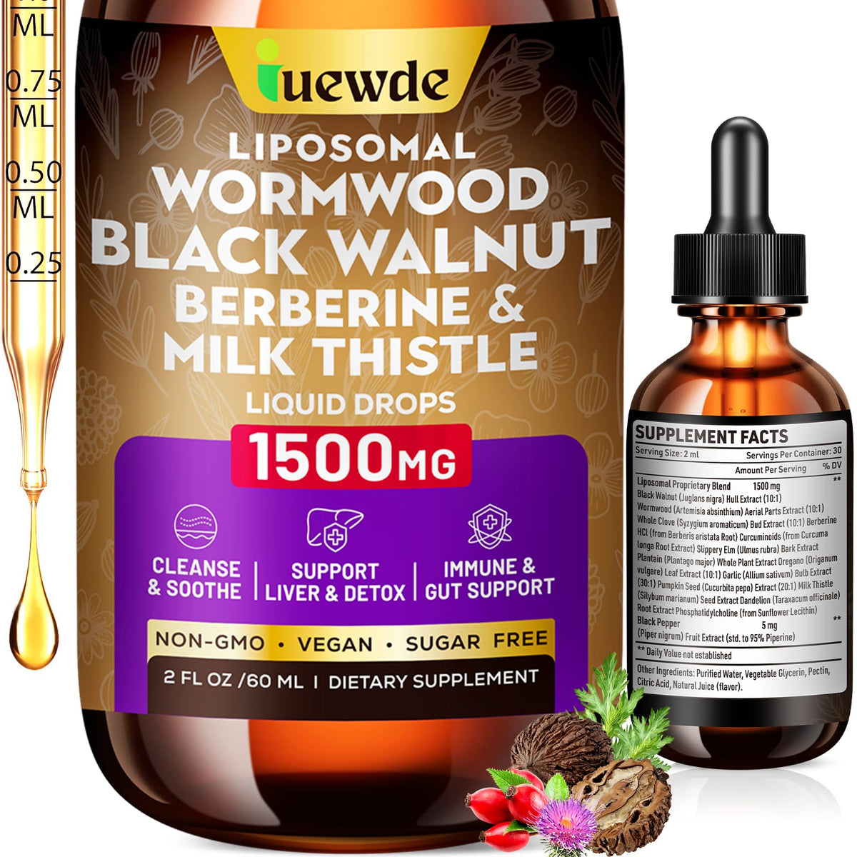 Flacon de complément alimentaire liposomal Iuewde 1500mg vue de face