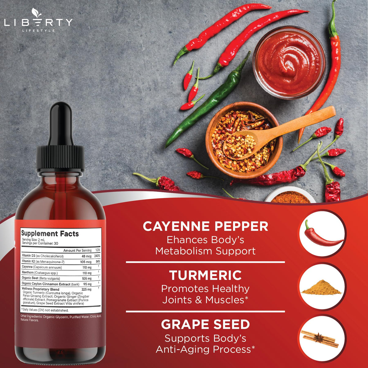 Flacon de complément alimentaire liquide Cayenne avec dosage