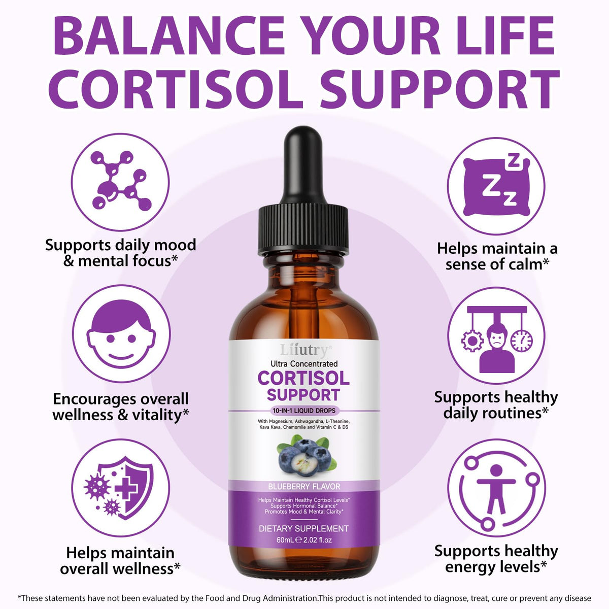 Flacon de complément alimentaire liquide Cortisol XCTTDXEH avec bouchon ouvert