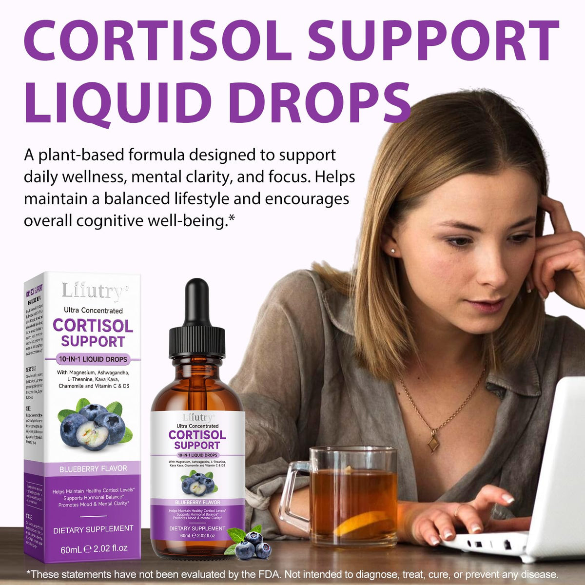 Flacon de complément alimentaire liquide Cortisol XCTTDXEH avec une cuillère doseuse