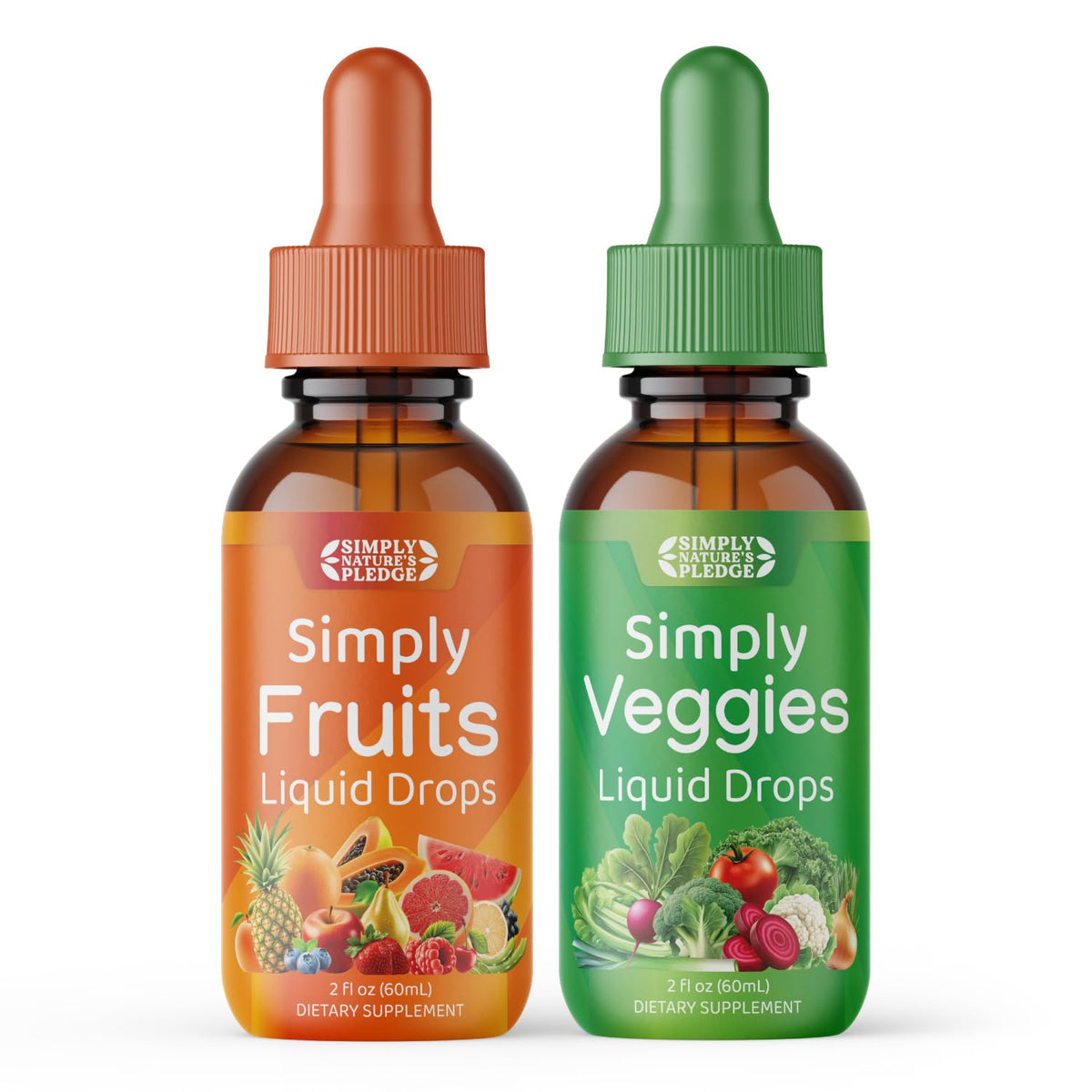 Flacon de complément alimentaire liquide Fruits & Légumes Simply Nature's Pledge vue de face