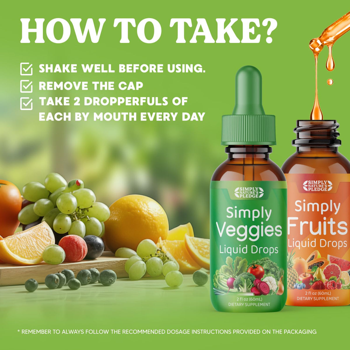 Flacon de complément alimentaire liquide Fruits & Légumes Simply Nature's Pledge avec fond blanc