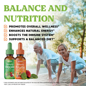 Flacon de complément alimentaire liquide Fruits & Légumes Simply Nature's Pledge avec verre et légumes