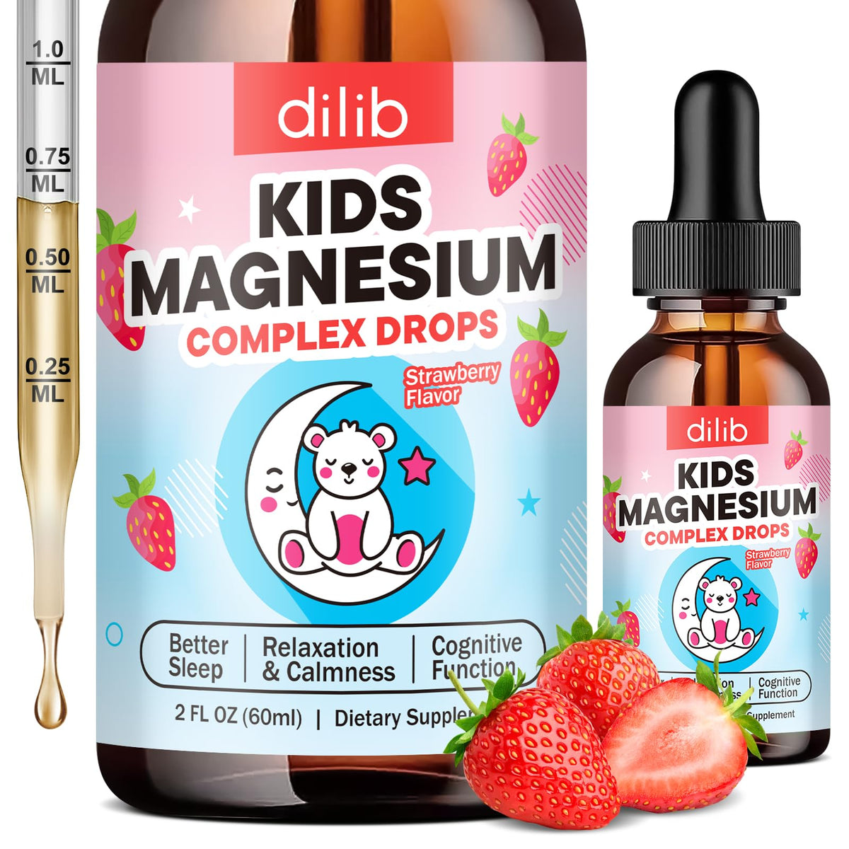 Flacon de complément alimentaire liquide magnésium pour enfants dilib 150g, goût fraise