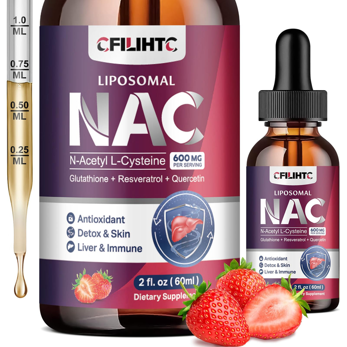 Flacon de complément alimentaire liquide NAC 600mg saveur fraise