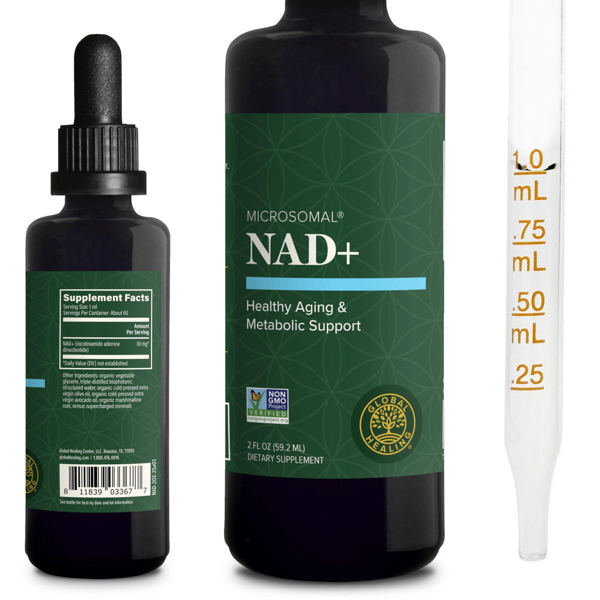 Flacon de complément alimentaire liquide NAD+ Global Healing Center, 60 ml