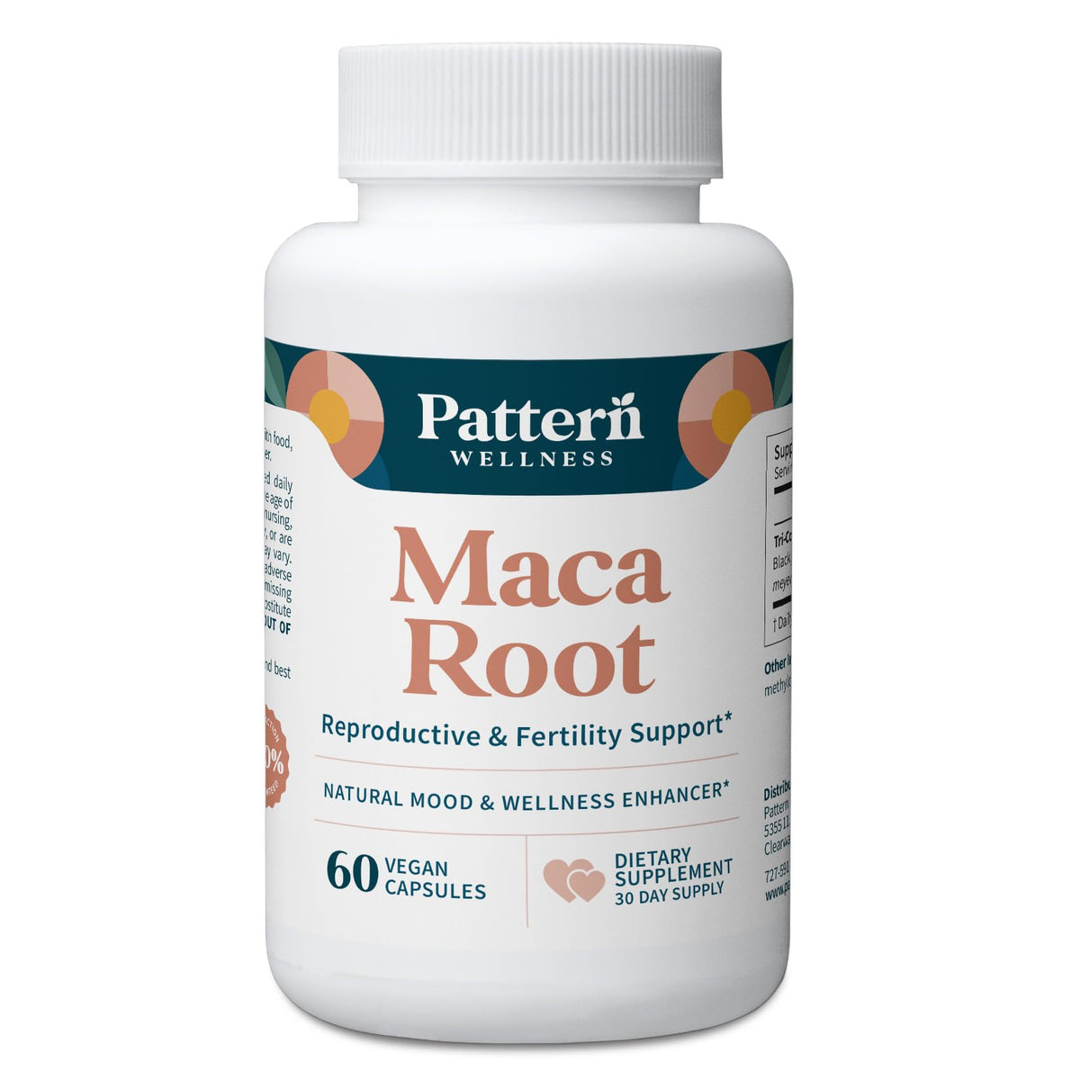 Flacon de complément alimentaire Maca Pattern Wellness avec 60 capsules végétaliennes