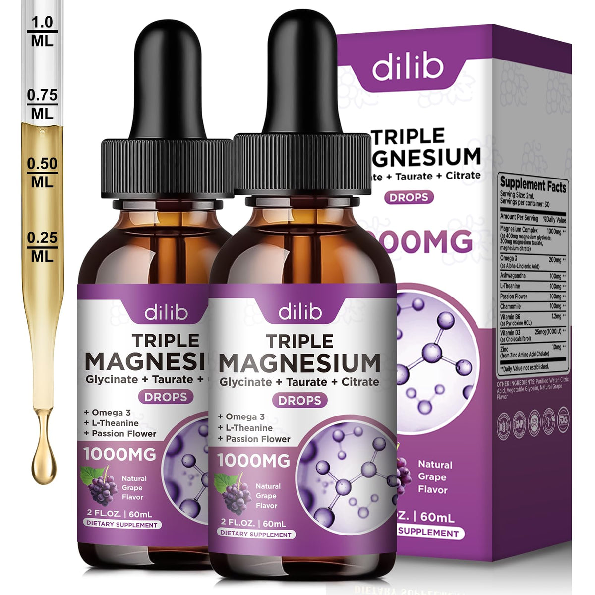 Flacon de complément alimentaire magnésium liquide Dilib 1000mg vue de face