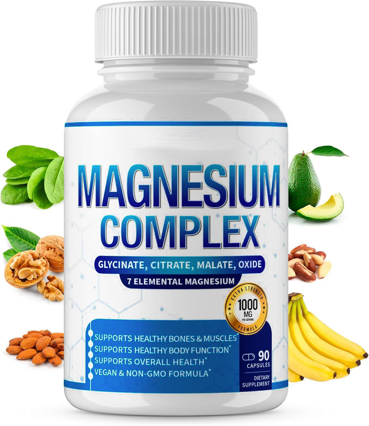 Flacon de complément alimentaire magnésium QSQSRUCH 1000mg 90 capsules