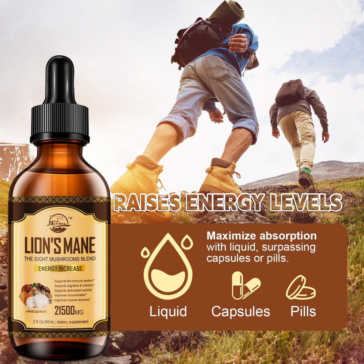 Flacon de Complément Alimentaire Nature's live Champignon Lion's Mane avec compte-gouttes
