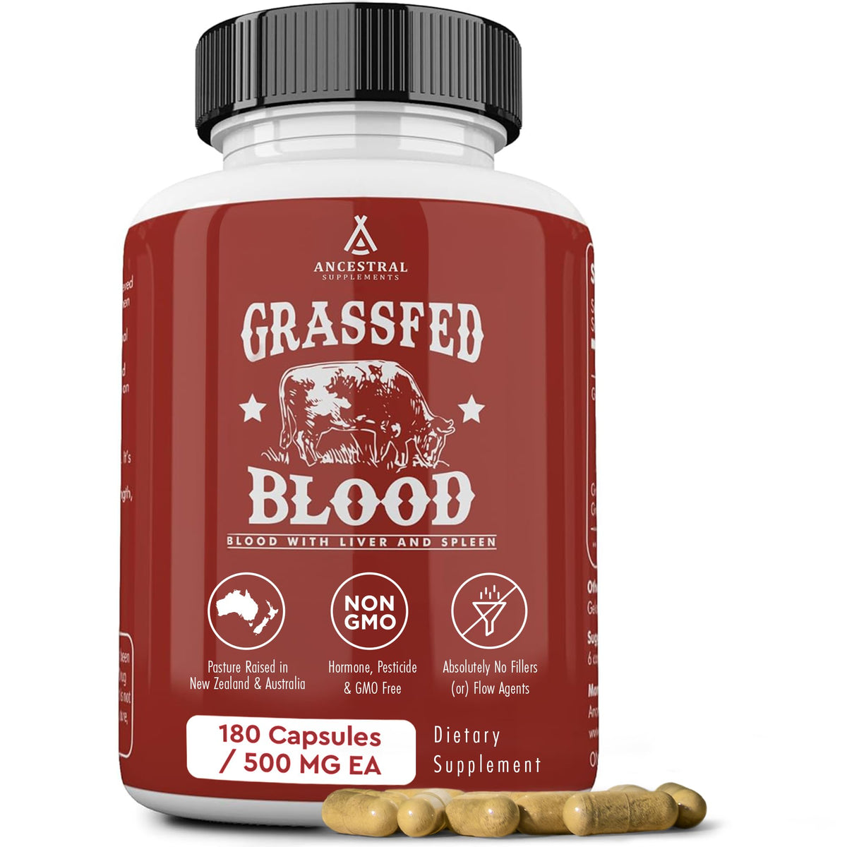 Flacon de complément alimentaire Sang Ancestral Supplements 500mg 180 capsules