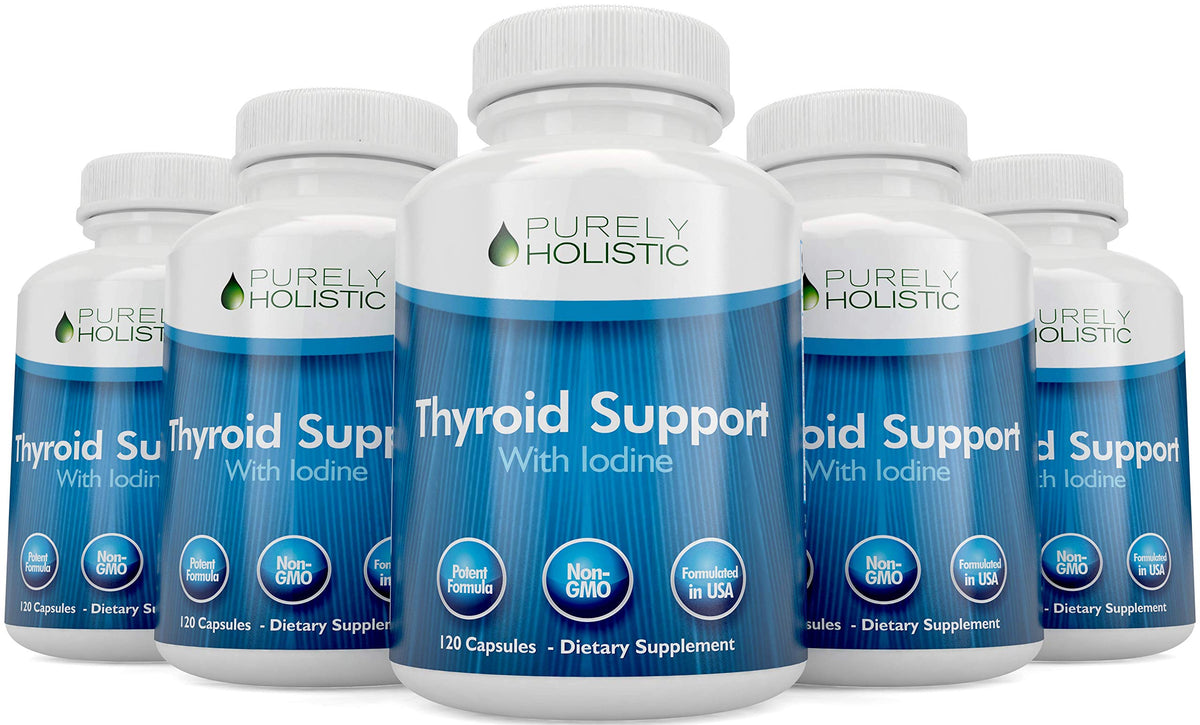 Flacon de complément alimentaire thyroïdien Purely Holistic avec capsules à côté