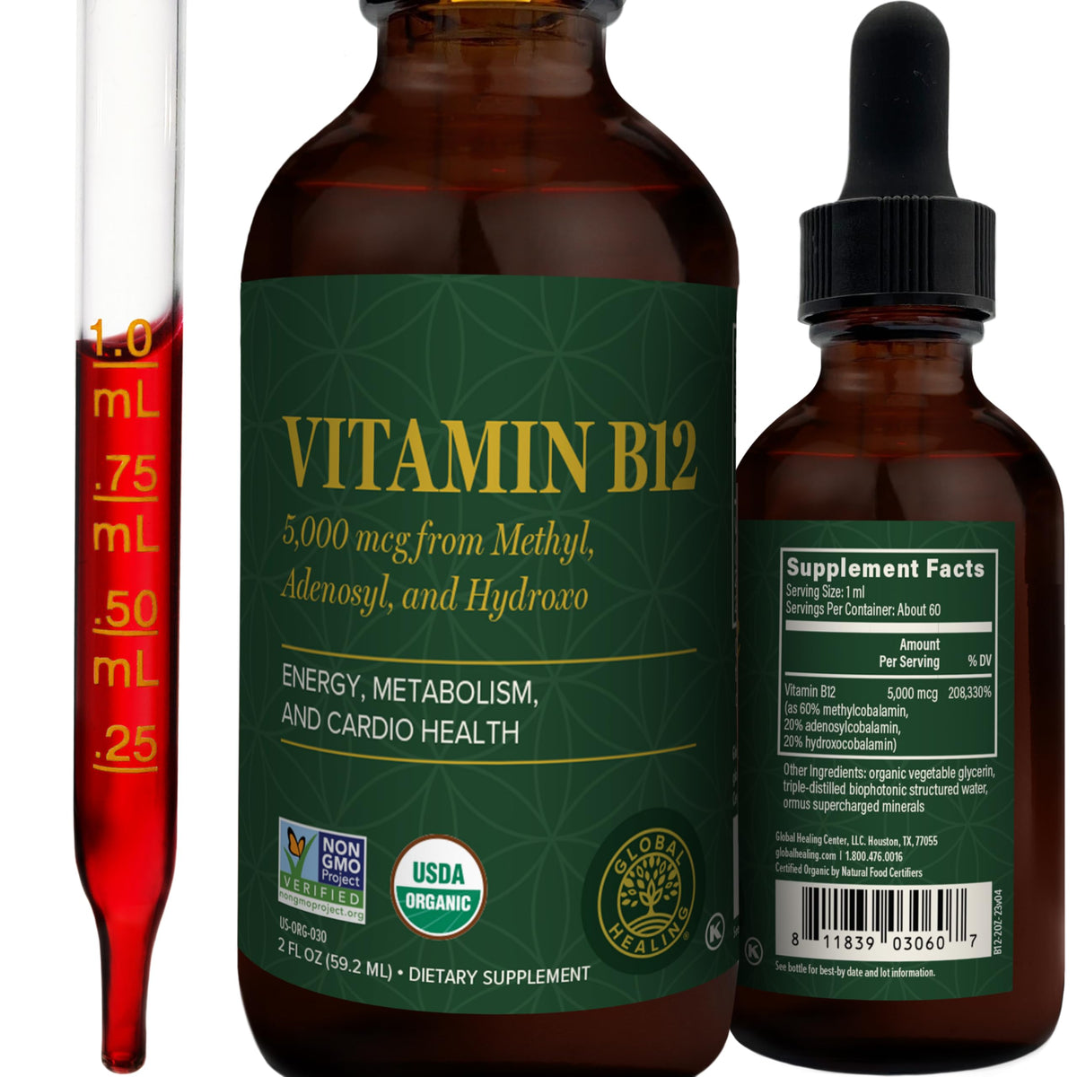 Flacon de complément B12 liquide sublingual 5000 mcg Global Healing Center