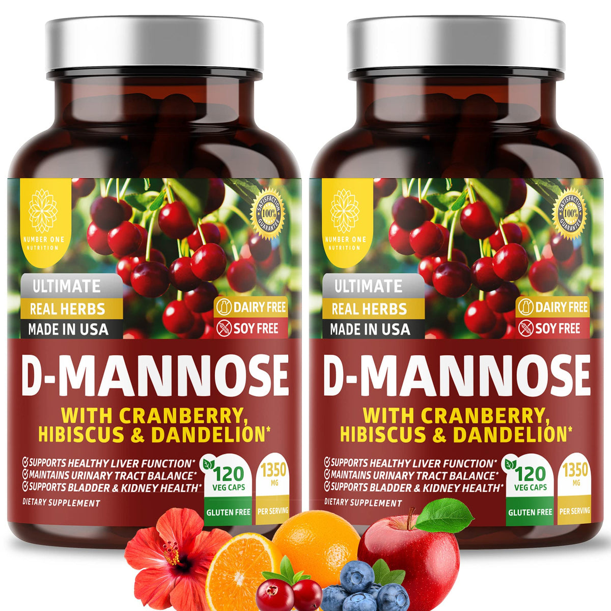 Flacon de complément D-Mannose 1350mg avec cranberry et hibiscus