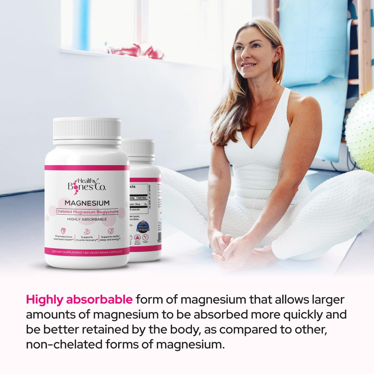 Flacon de Complément de Magnésium Glycinate Healthy Bones Co. ouvert