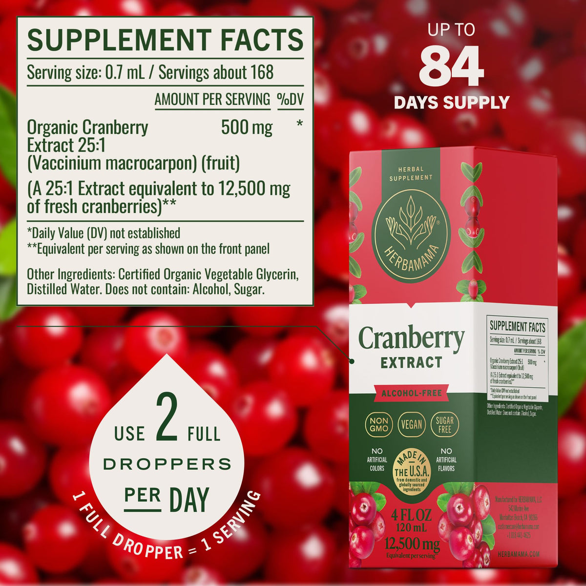 Flacon de complément HERBAMAMA Cranberry avec compte-gouttes