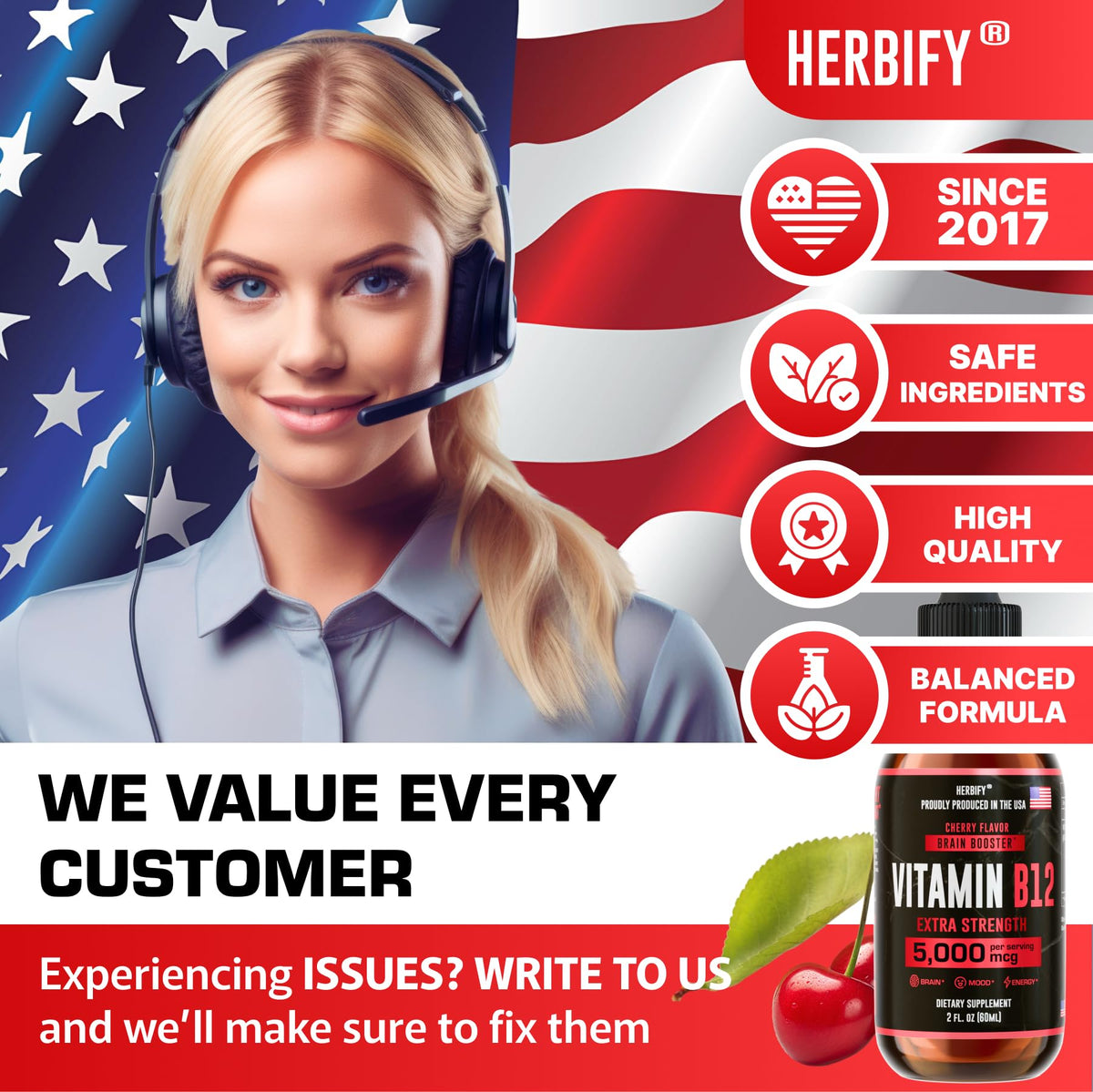 Flacon de complément HERBIFY B12 Methylé avec gouttes sur une table