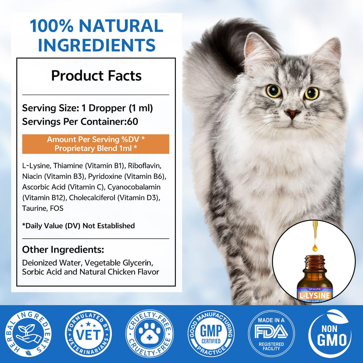 Flacon de complément L-Lysine pour chats avec gouttes visibles