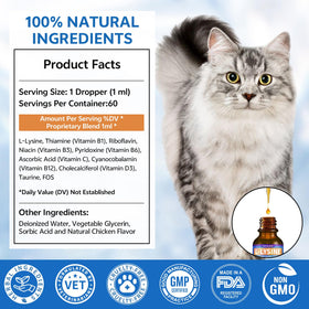 Flacon de complément L-Lysine pour chats avec gouttes visibles