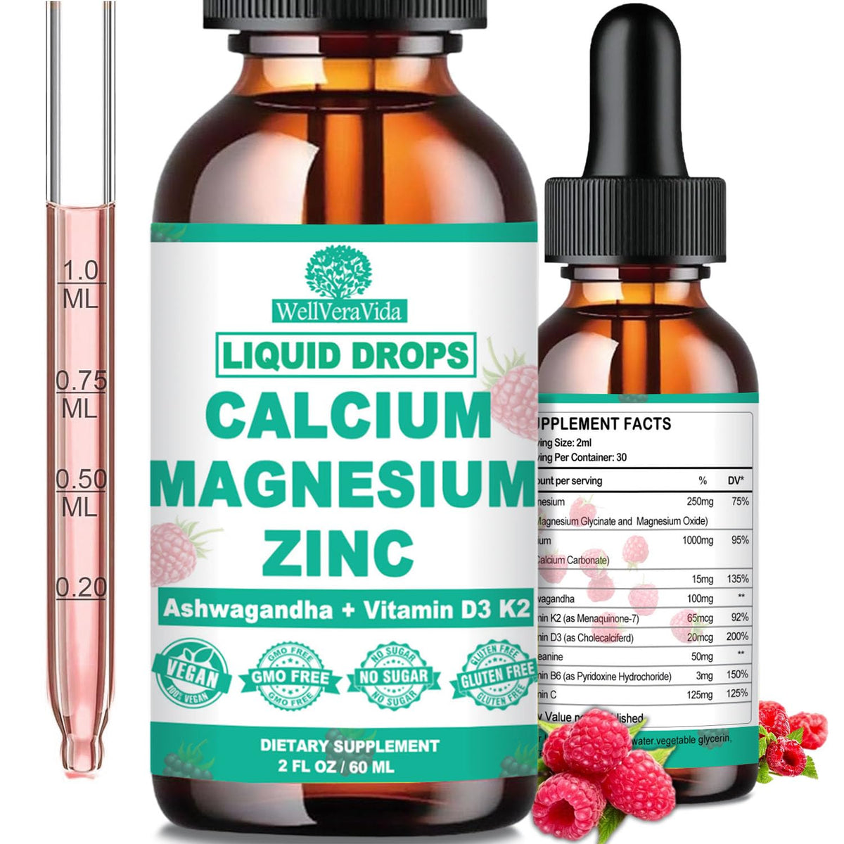 Flacon de complément liquide Calcium Magnésium Zinc WellVeraVida, vue avant