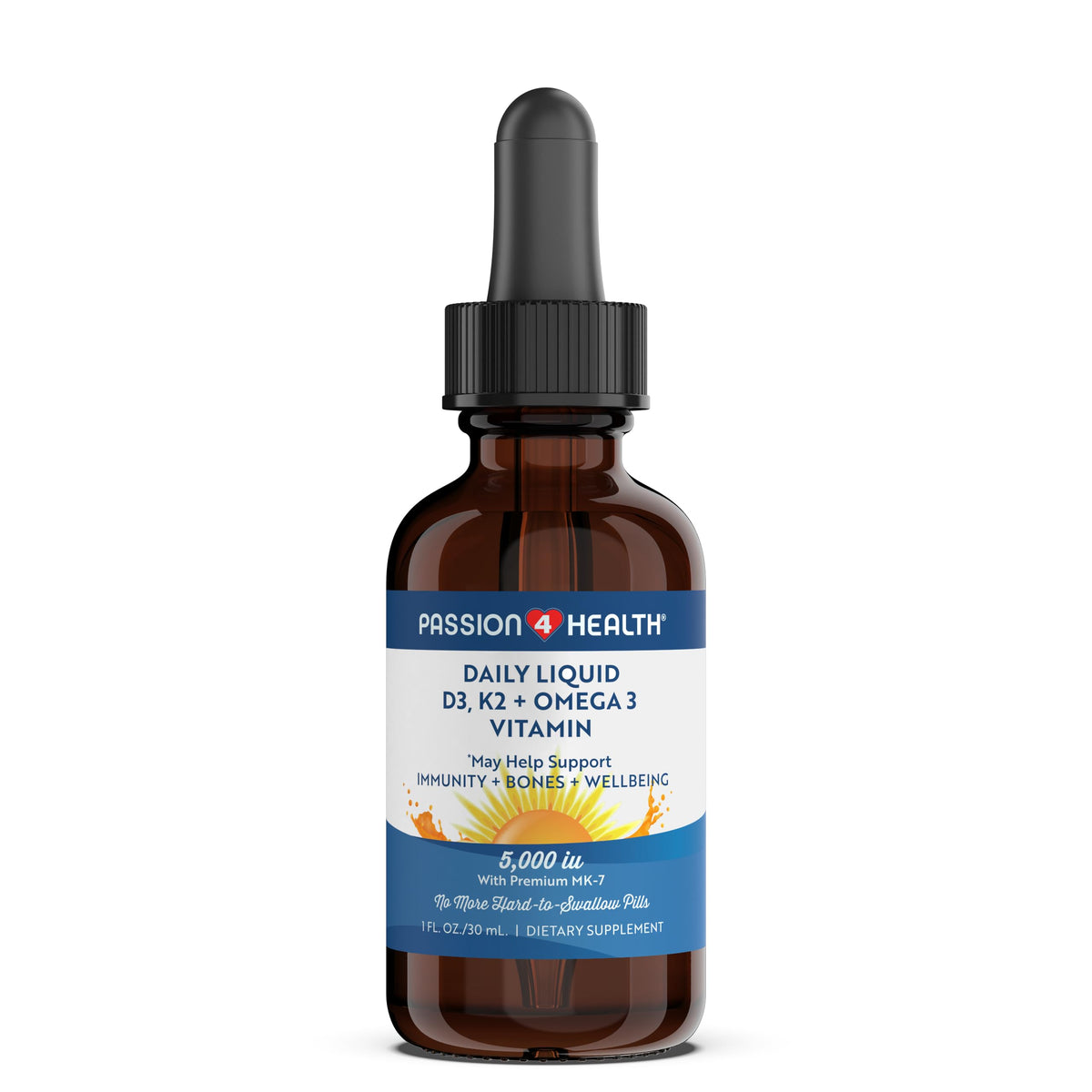 Flacon de complément liquide D3 K2 Omega 3 Passion 4 Life vue de face