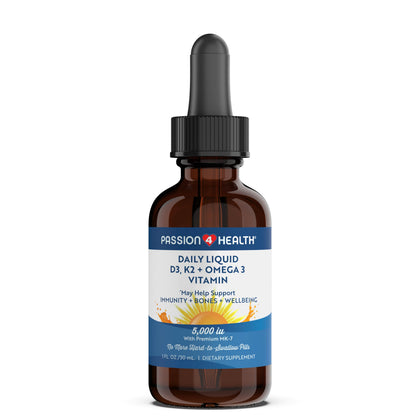 Flacon de complément liquide D3 K2 Omega 3 Passion 4 Life vue de face